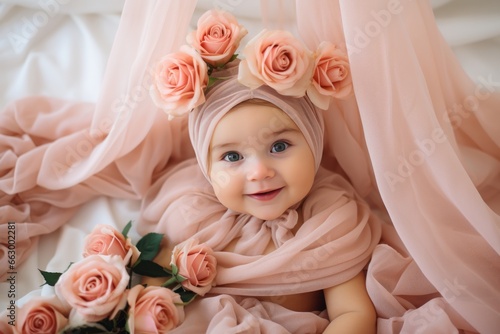 Adorable Newborn Smiling Baby Girl in Light Cloth in Bright Pink Bedroom