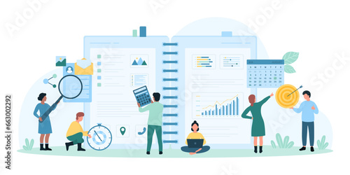Project management and planning teamwork vector illustration. Cartoon team of tiny people working with magnifying glass, calculator and timer, laptop to plan meeting, schedule in open planner journal