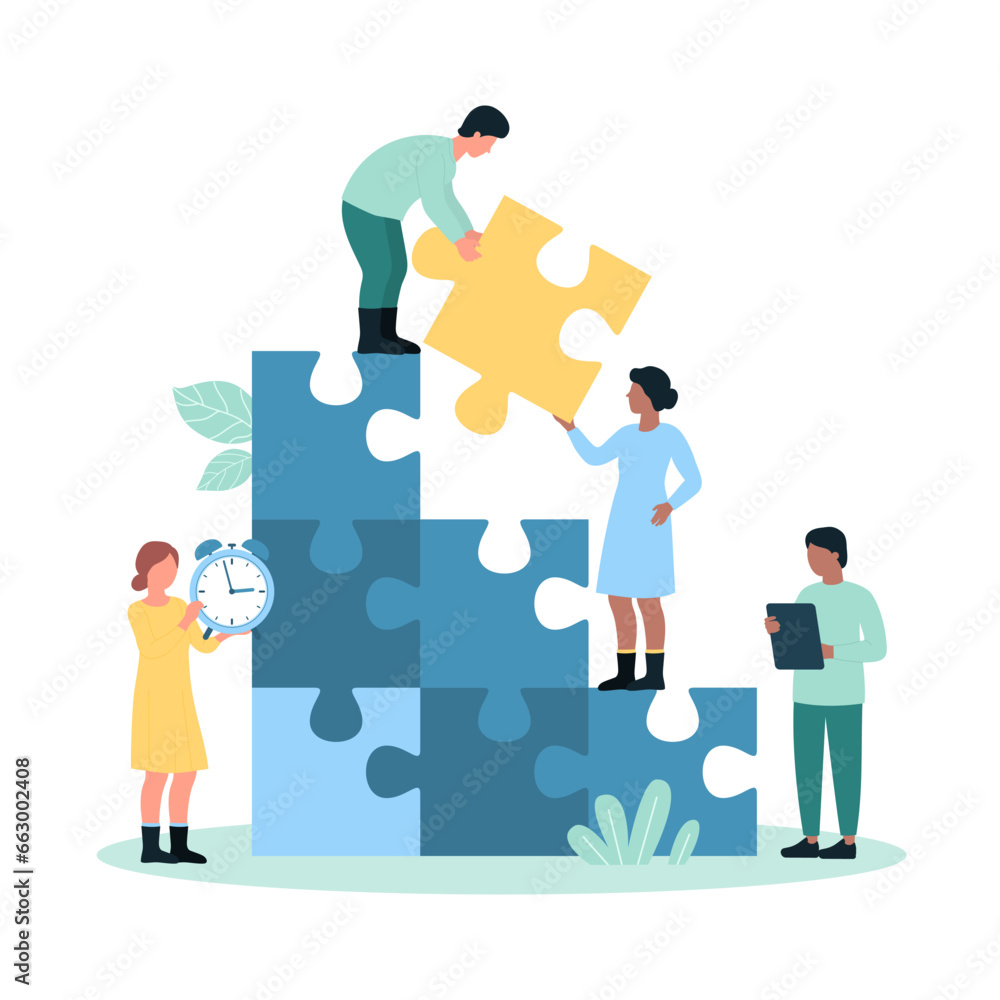 Team building for business growth vector illustration. Cartoon tiny people holding puzzle pieces to build and put in company ladder, employees climbing career stairs from stack of jigsaw blocks
