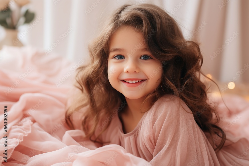 Portrait of a Happy, Smiling Baby Girl in a Bright Bedroom Bed, Enjoying a Blissful Childhood Portrait of a Happy, Smiling Baby Girl in a Bright Bedroom Bed, Enjoying a Blissful Childhood