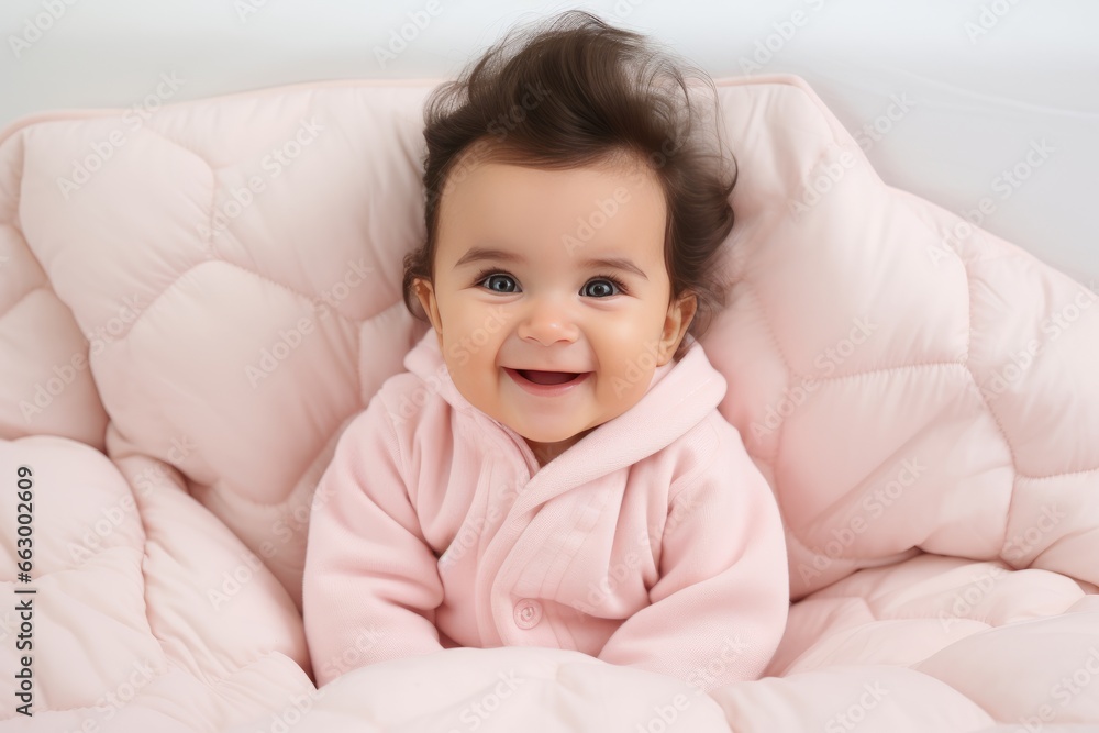 Adorable Newborn Smiling Baby Girl in Light Cloth in Bright Pink Bedroom Adorable Newborn Smiling Baby Girl in Light Cloth in Bright Pink Bedroom