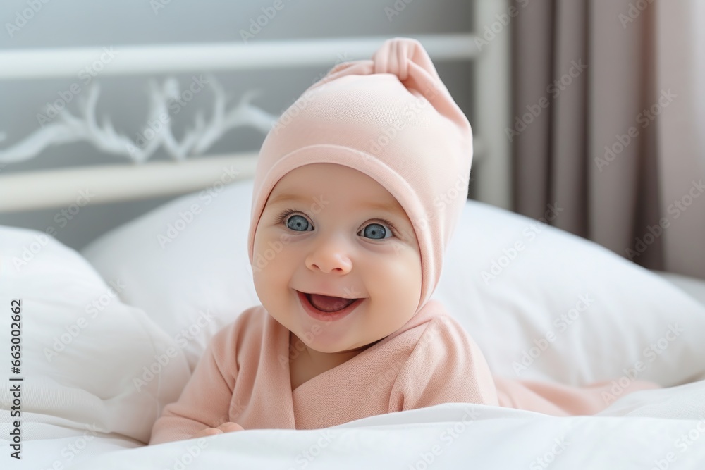 Cute little newborn smiling baby girl child in hoodie lying in bed in a bright bedroom. light pink Cute little newborn smiling baby girl child in hoodie lying in bed in a bright bedroom. light pink