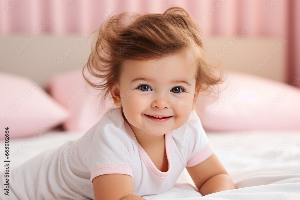 Adorable Newborn Smiling Baby Girl in Light Cloth in Bright Pink Bedroom