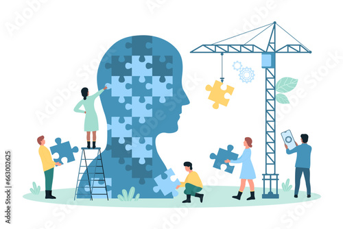 Mental health support therapy, psychology vector illustration. Cartoon tiny people build puzzles construction inside brain of huge human head, construct personality jigsaw from blocks with crane