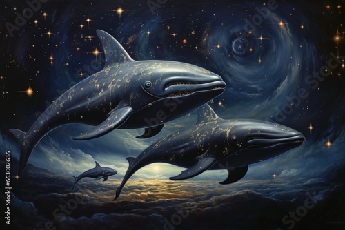 Luminous star whales  swimming among constellations in the vastness of space - Generative AI