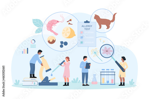 Diagnostics of allergy by test, allergology vector illustration. Cartoon tiny people study pipette sample with microscope, doctors allergists look through magnifying glass at flower pollen, pet hair