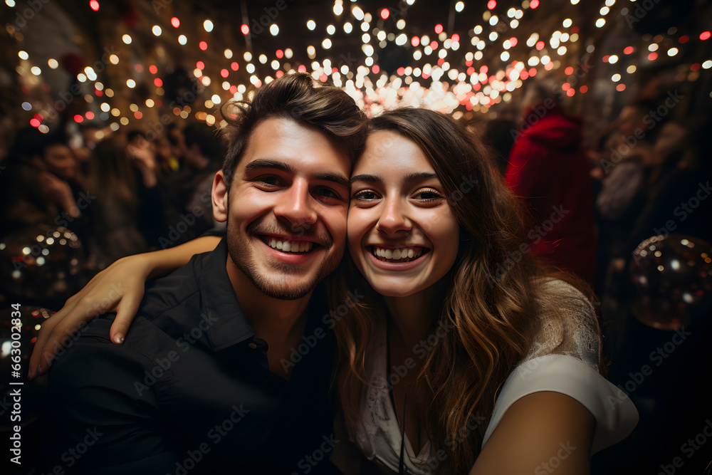 Lovely couples in casual dress taking selfie at new year party
