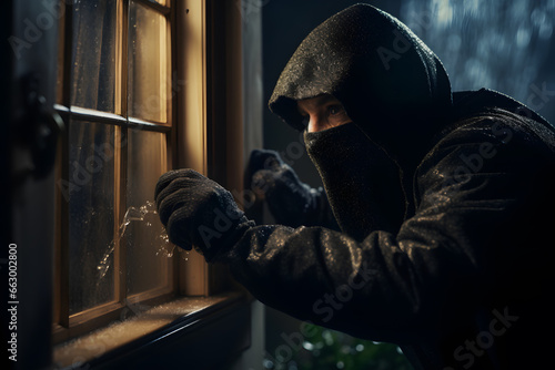 Burglar breaking into house at night