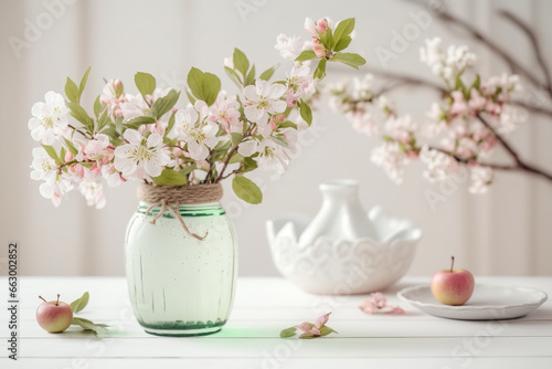 Apple tree branches and a pink vase of flowers are displayed on a white table. Generative AI