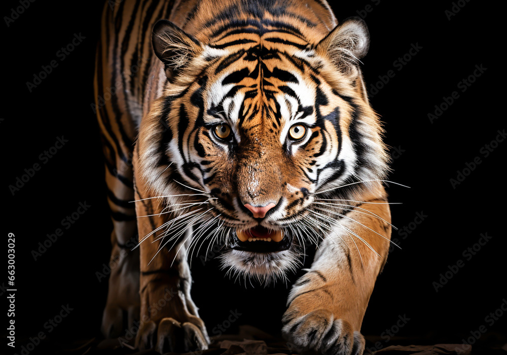 Realistic portrait of a tiger on dark background. AI generated