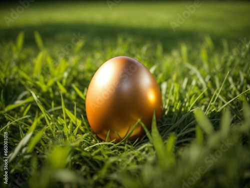 A golden egg on green grass