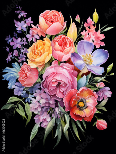 Beautiful watercolor bouquet of spring flowers on a black background