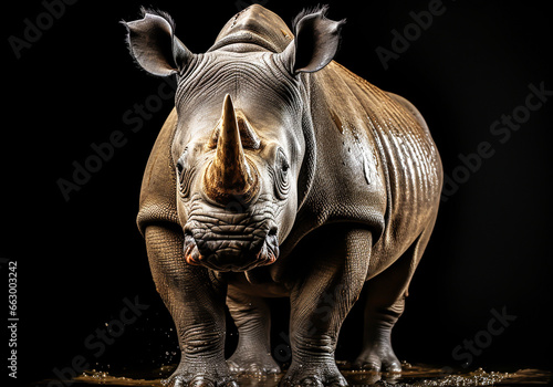 Realistic closeup portrait of a rhino on dark background. AI generated