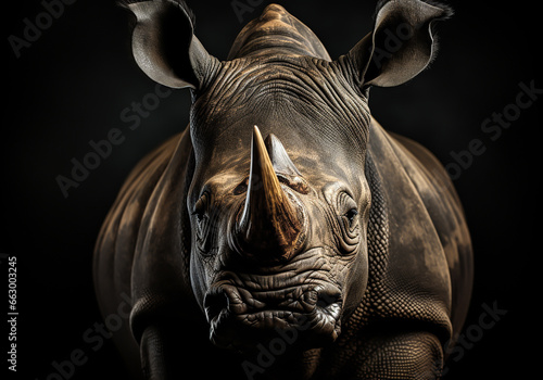 Realistic closeup portrait of a rhino on dark background. AI generated