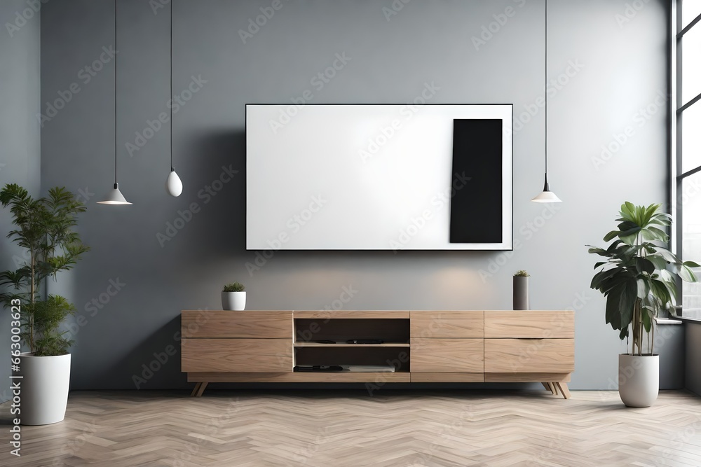 Tv shelf in modern empty room,minimal design.