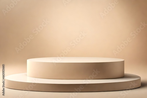 Wooden podium on beige background for product presentation.