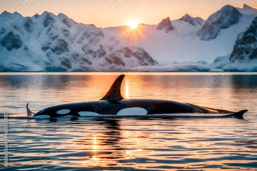  Killerwhale traveling on ocean water with sunset Norway Fiords on winter background 