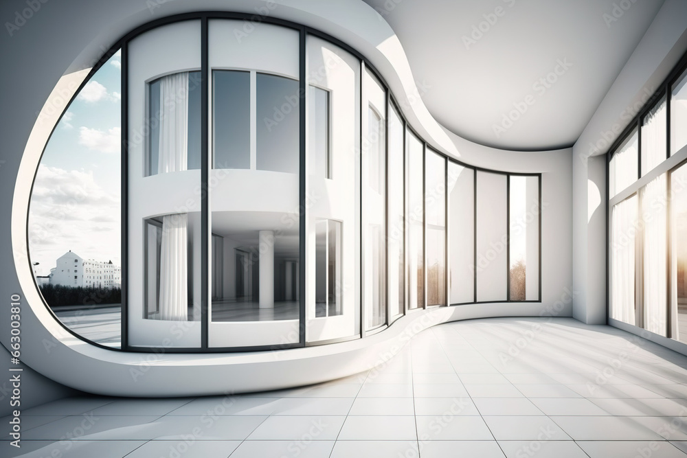 Fototapeta premium Curved wall building with panoramic windows. Generative AI