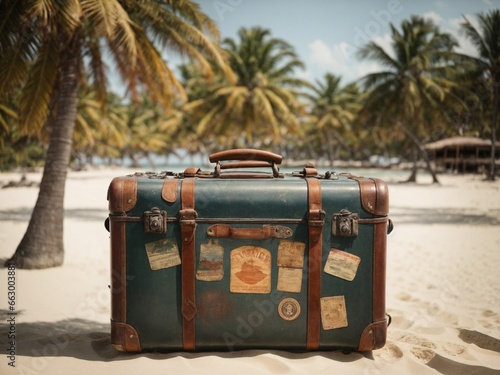 A vintage travel suitcase with faded stickers from exotic destinations on a sandy beach © Meeza
