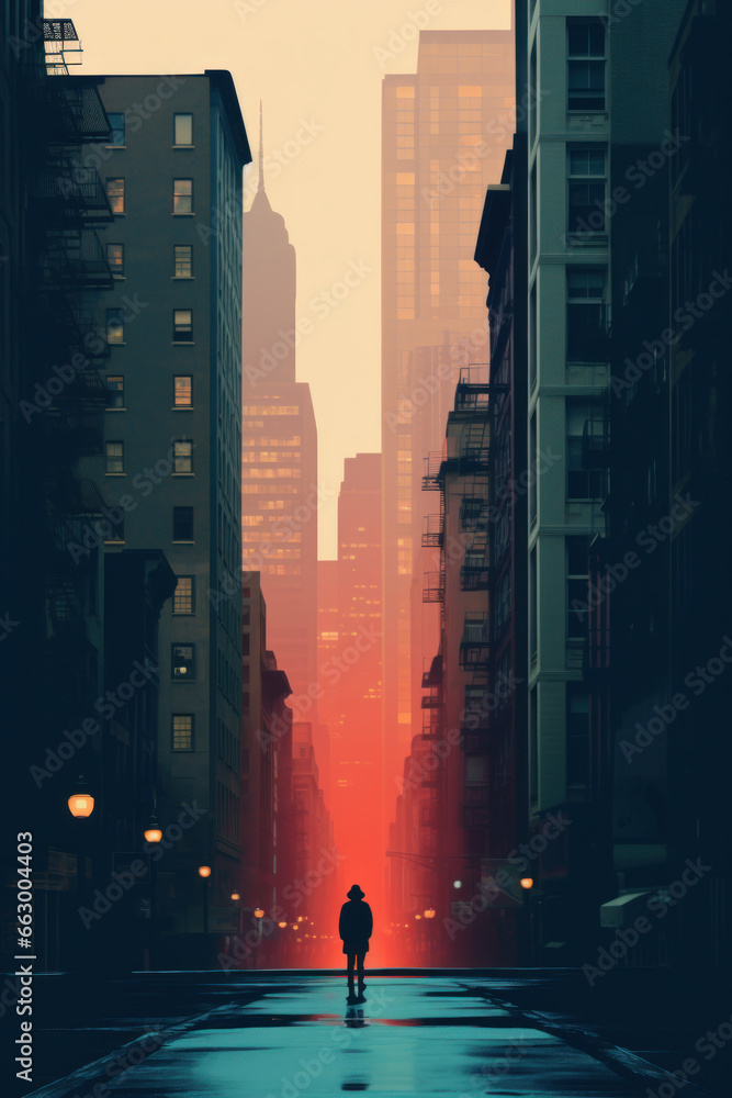 silhouette of a person walking through a sci-fi futuristic neon light ...
