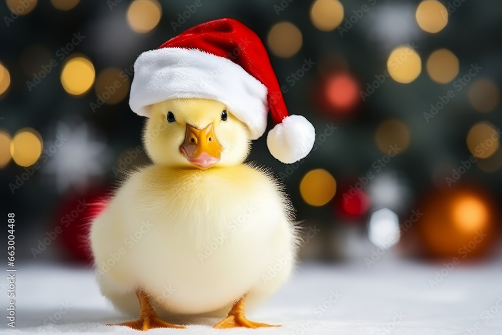 Cute little festive duck wearing a Father Christmas santa hat