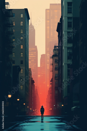silhouette of a person walking through a sci-fi futuristic neon light street in big city with skyscrapers in the rain gloomy foggy dark in textured pencil hand drawn color block sketch illustration 