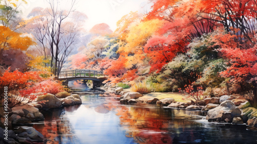 Painting art  Autumn Japanese garden with pond and bridge  japanese style. Ai generative.