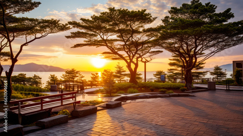 Beautiful sunset in the park with fountains and trees. Japan. Ai generative.