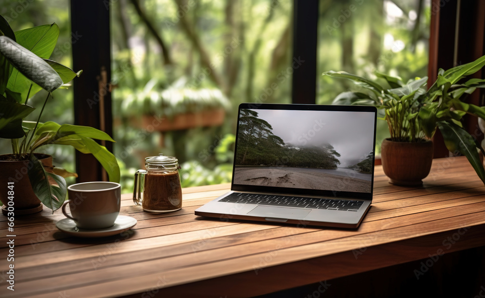 Wooden Table Featuring Laptop Screen, Coffee Mug, and Beautiful Blurred Plant Background. Perfect Balance of Technology and Natural Harmony. Manually Modified Generative AI