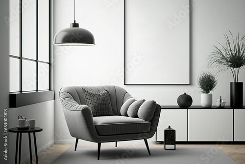 Stylish living room design featuring a creative armchair, coffee table, pouf, mock-up poster frame, and personal accessories in a similar vein. Copy space Template. Generative AI