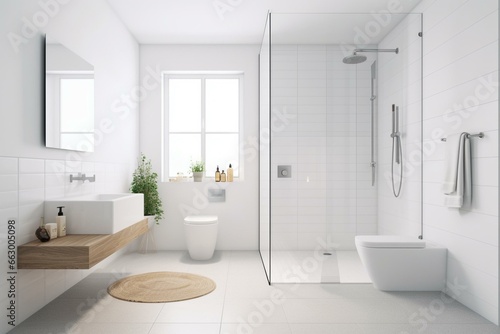 Minimalist white bathroom interior with shower and toilet. Generative AI © Haruki