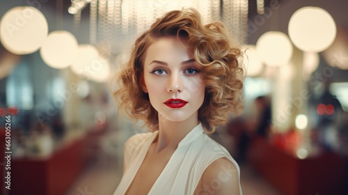 a woman with red lips and curly hair, fashion and glamarous look