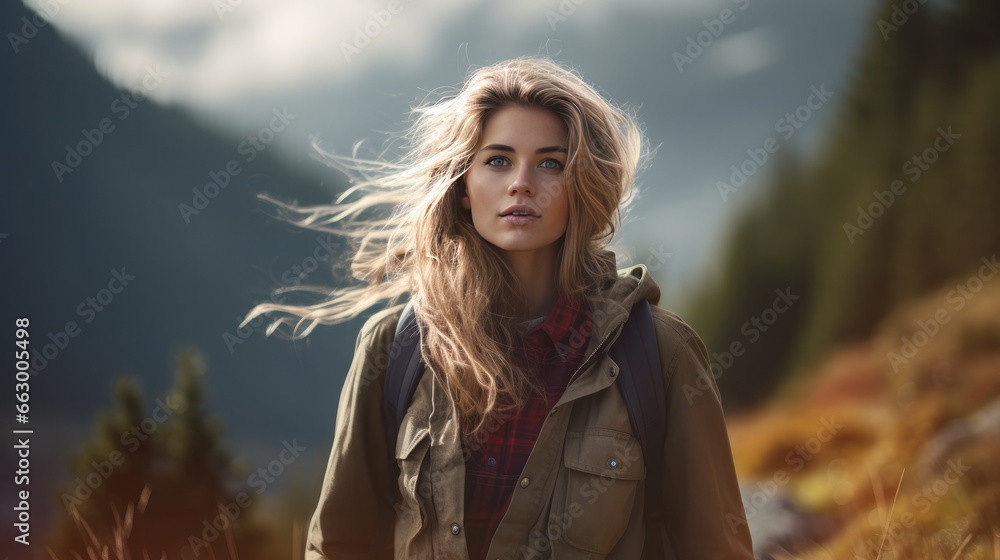 a woman with wind blowing hair on travel