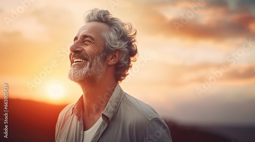 a man smiling with a sunset behind him