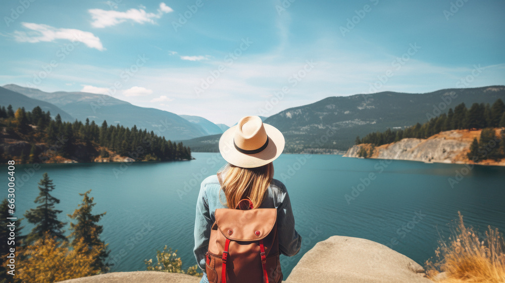 Tourist Woman with Hat and Backpack in Canada. Wanderlust concept.