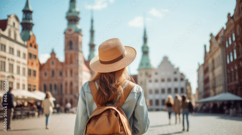 Tourist Woman with Hat and Backpack in Riga, Latvia. Wanderlust concept. - obrazy, fototapety, plakaty 