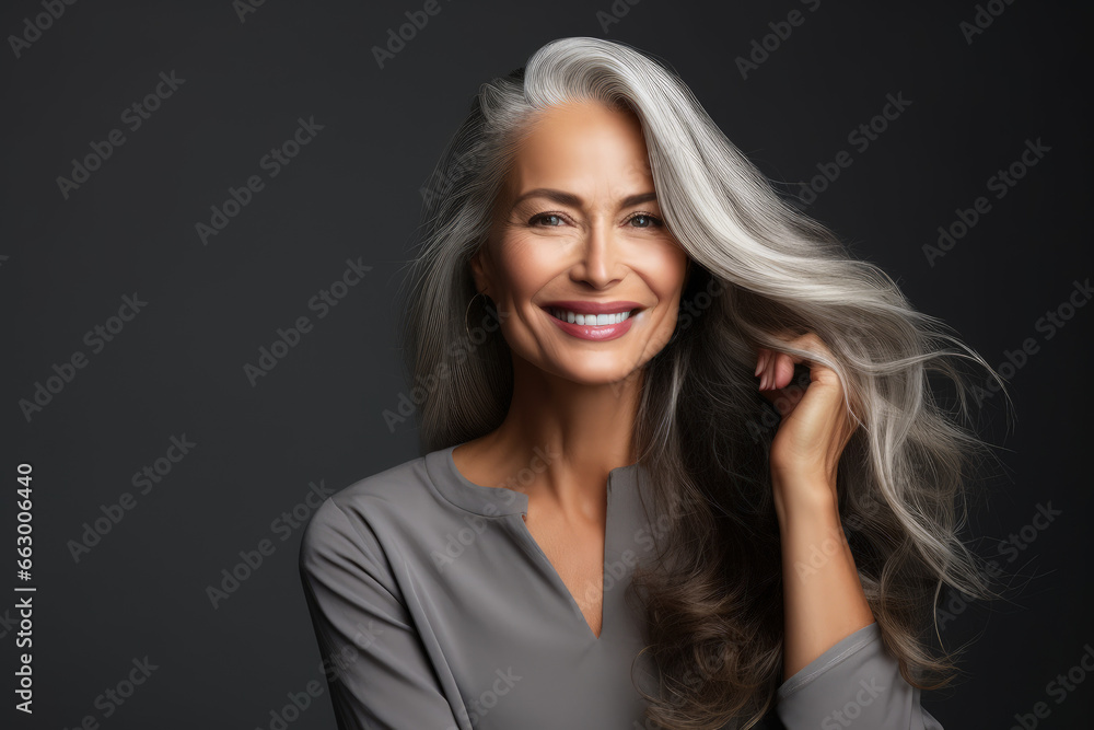 Portrait of an elegant mature woman with radiant skin, long gray hair, and a joyful smile. Cosmetics and beauty advertising. Portrait of an elegant mature woman with radiant skin, long gray hair, and a joyful smile. Cosmetics and beauty advertising.