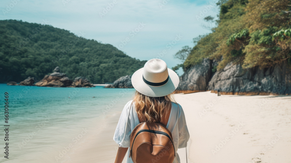 Tourist Woman with Hat and Backpack in Phuket, Thailand. Wanderlust concept.