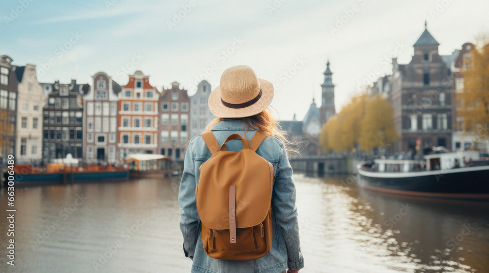 Tourist Woman with Hat and Backpack in Amsterdam, Netherlands. Wanderlust concept. - obrazy, fototapety, plakaty 