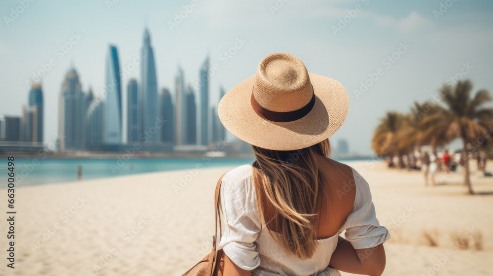 Tourist Woman with Hat and Backpack in Dubai. Wanderlust concept.