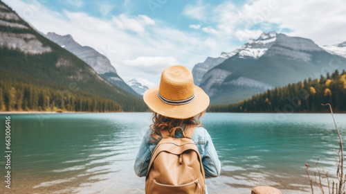 Tourist Woman with Hat and Backpack in Canada. Wanderlust concept. © DVS