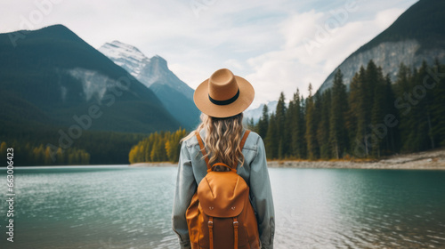 Tourist Woman with Hat and Backpack in Canada. Wanderlust concept.