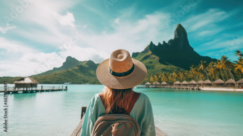 Tourist Woman with Hat and Backpack in Bora Bora. Wanderlust concept. © DVS