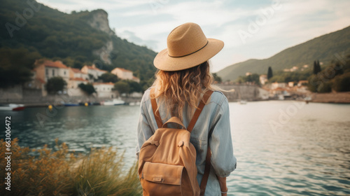 Tourist Woman with Hat and Backpack in France. Wanderlust concept. © DVS