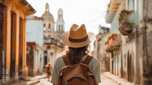 Tourist Woman with Hat and Backpack in Havana, Cuba. Wanderlust concept.