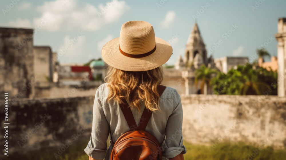 Tourist Woman with Hat and Backpack in Havana, Cuba. Wanderlust concept.