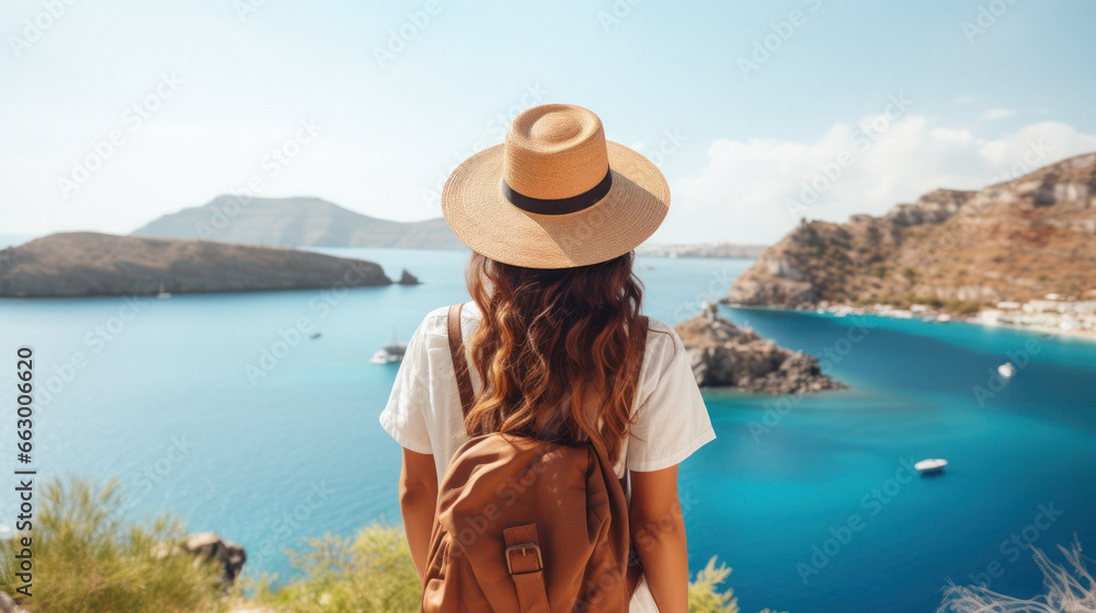 Tourist Woman with Hat and Backpack in Greece. Wanderlust concept.