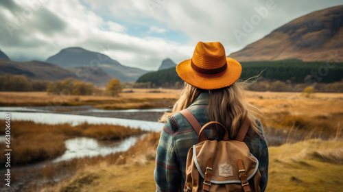 Tourist Woman with Hat and Backpack in Scotland. Wanderlust concept.