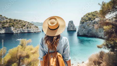 Tourist Woman with Hat and Backpack in Greece. Wanderlust concept.