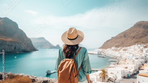 Tourist Woman with Hat and Backpack in Santorini. Wanderlust concept.